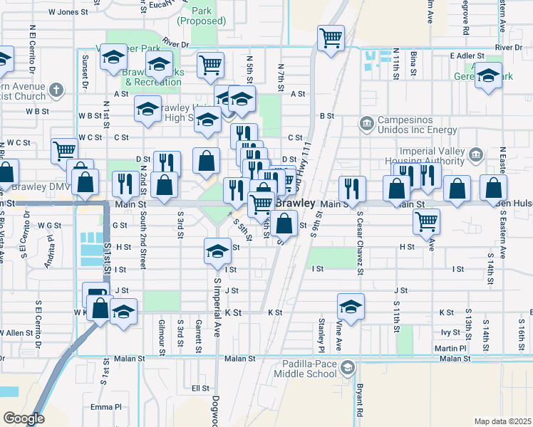 map of restaurants, bars, coffee shops, grocery stores, and more near 601 G Street in Brawley