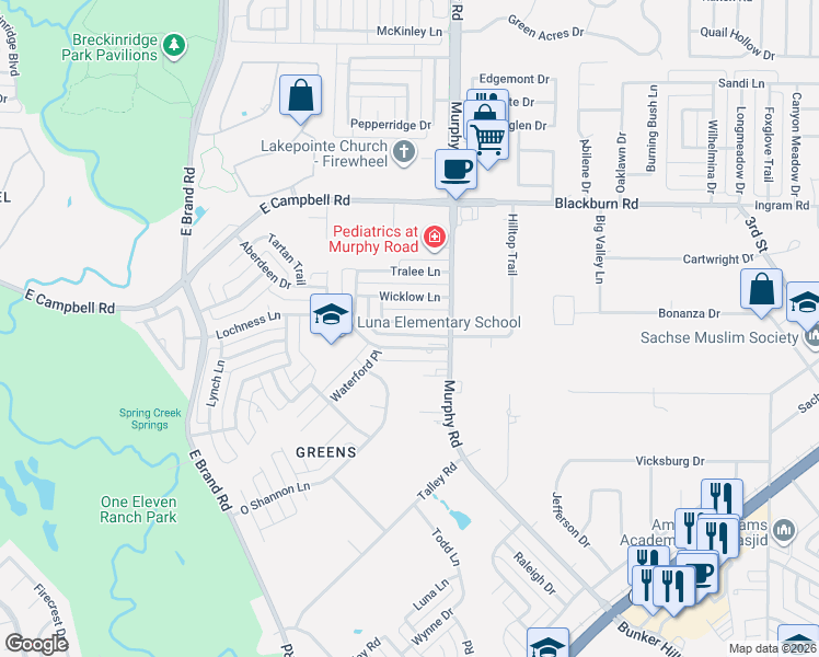 map of restaurants, bars, coffee shops, grocery stores, and more near 1217 Lochness Lane in Garland