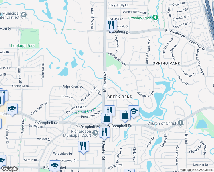 map of restaurants, bars, coffee shops, grocery stores, and more near 3417 Creekbend Drive in Garland