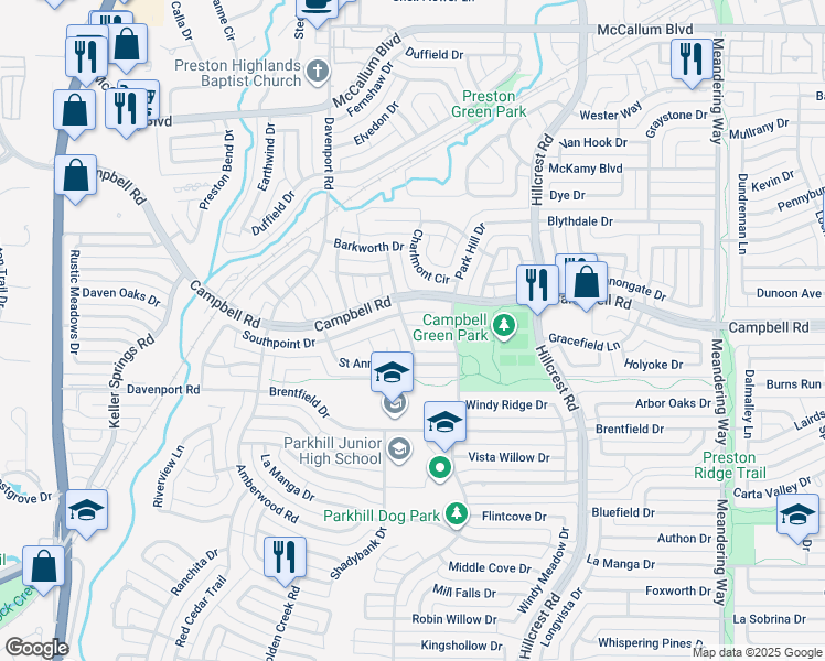 map of restaurants, bars, coffee shops, grocery stores, and more near 6802 Ledyard Drive in Dallas