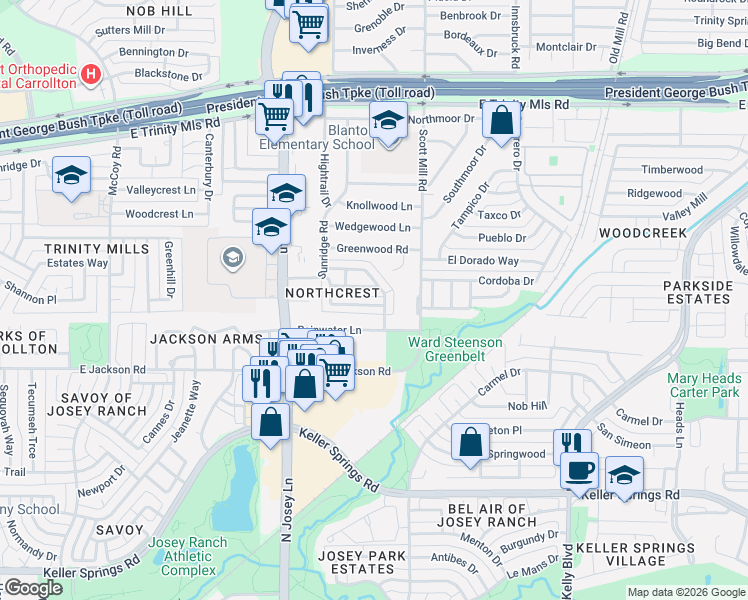 map of restaurants, bars, coffee shops, grocery stores, and more near 2058 Embassy Way in Carrollton