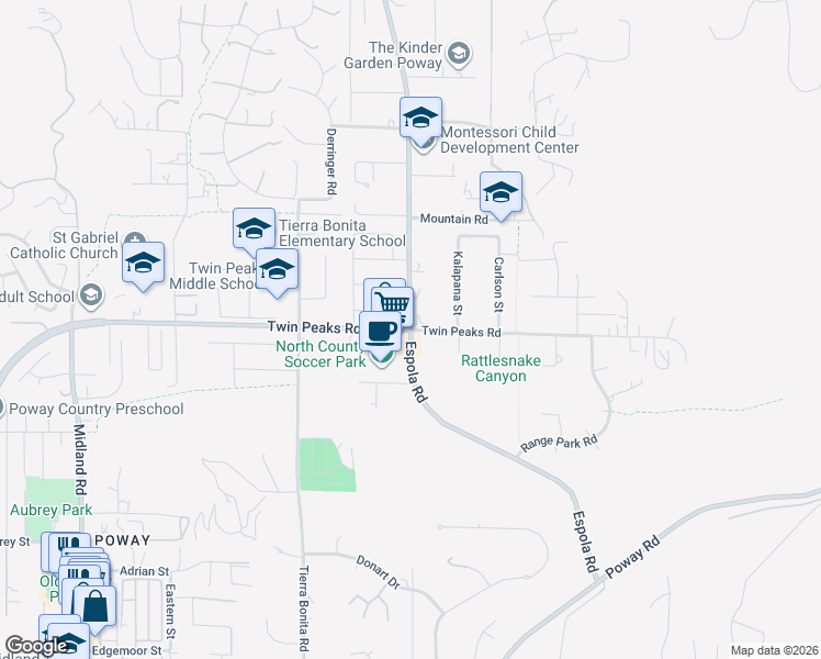 map of restaurants, bars, coffee shops, grocery stores, and more near Espola Rd & Twin Peaks Rd in Poway