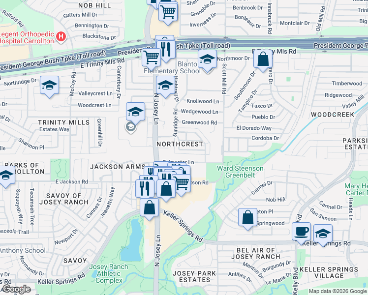 map of restaurants, bars, coffee shops, grocery stores, and more near 2031 Embassy Way in Carrollton
