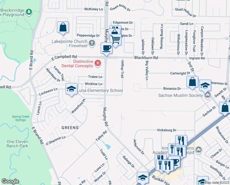 map of restaurants, bars, coffee shops, grocery stores, and more near 1105 Meadow Lane in Sachse