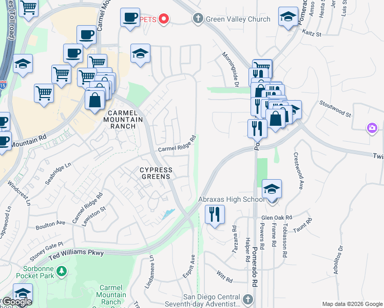 map of restaurants, bars, coffee shops, grocery stores, and more near 14139 Via Corsini in San Diego