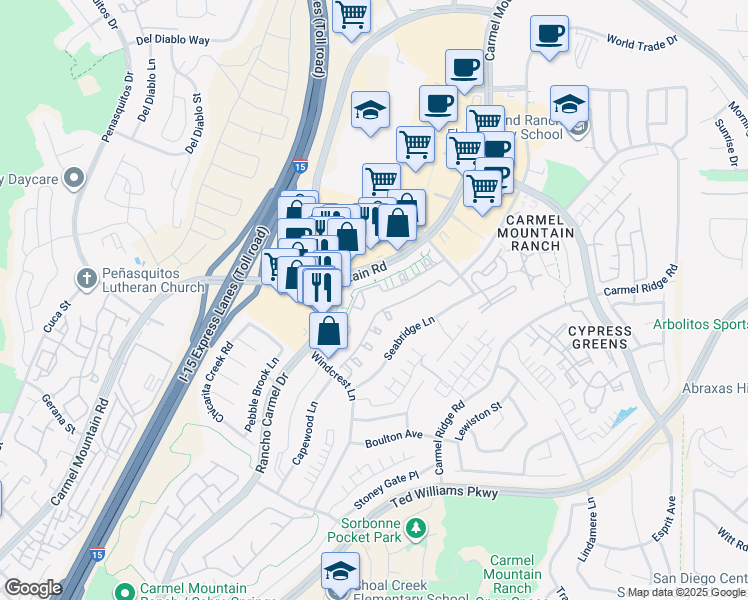 map of restaurants, bars, coffee shops, grocery stores, and more near 11546 Windcrest Lane in San Diego