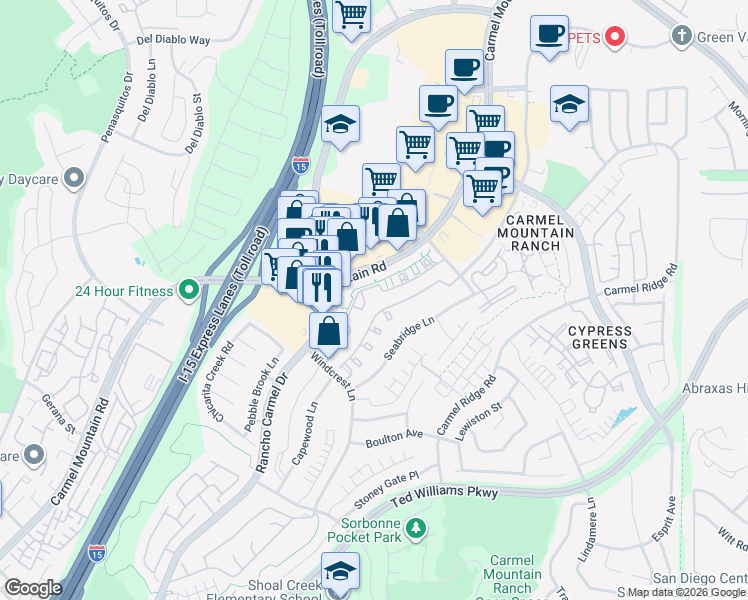 map of restaurants, bars, coffee shops, grocery stores, and more near 11540 Windcrest Lane in San Diego
