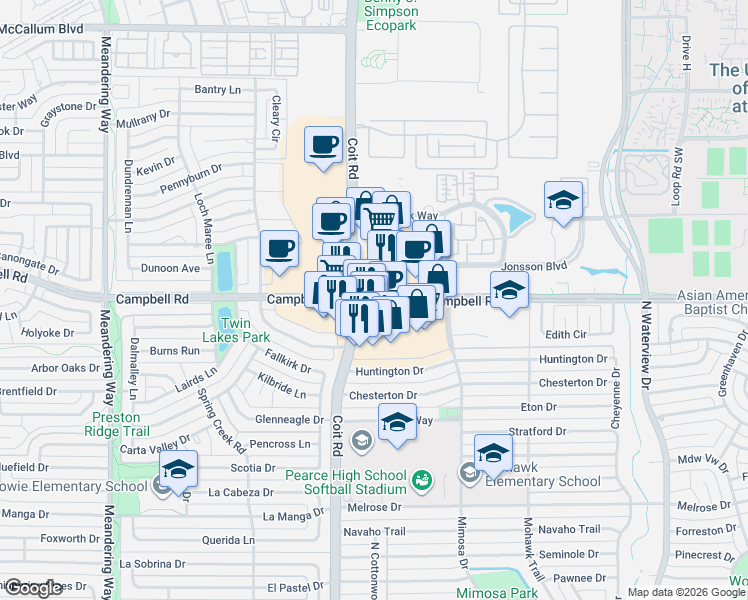 map of restaurants, bars, coffee shops, grocery stores, and more near 1401 W Campbell Rd in Richardson