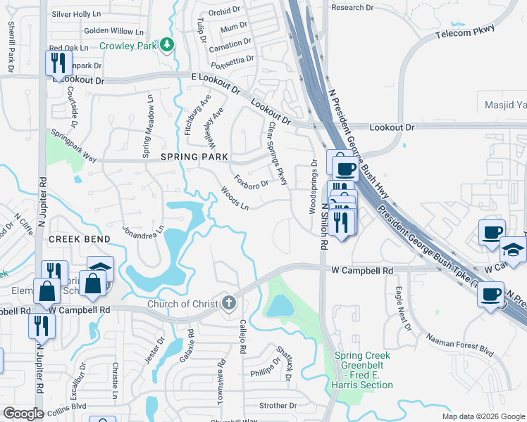 map of restaurants, bars, coffee shops, grocery stores, and more near 6821 Clear Springs Circle in Garland