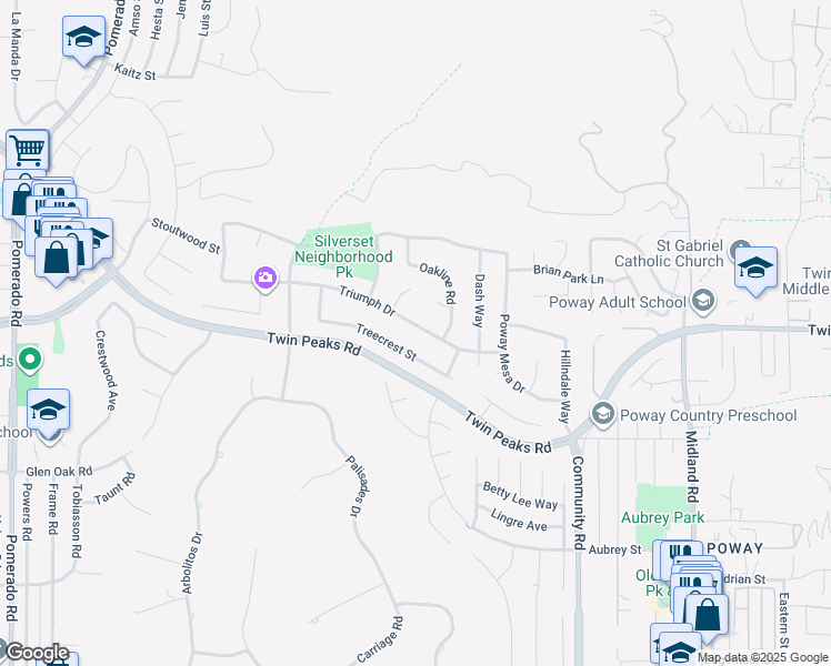 map of restaurants, bars, coffee shops, grocery stores, and more near 13165 Triumph Drive in Poway