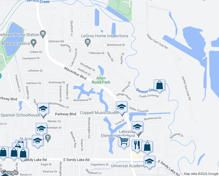map of restaurants, bars, coffee shops, grocery stores, and more near 913 Brown Trail in Coppell