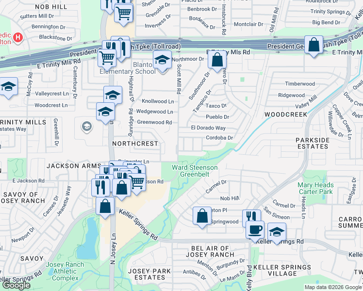map of restaurants, bars, coffee shops, grocery stores, and more near 2106 Artherfield Drive in Carrollton