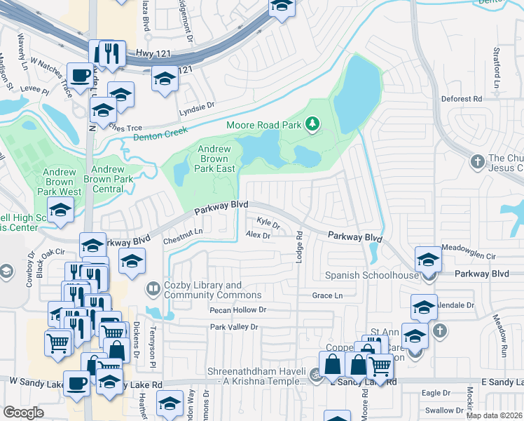 map of restaurants, bars, coffee shops, grocery stores, and more near 365 Kyle Drive in Coppell