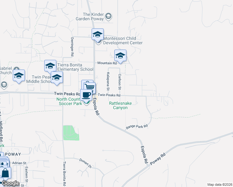 map of restaurants, bars, coffee shops, grocery stores, and more near 14337 Twin Peaks Road in Poway