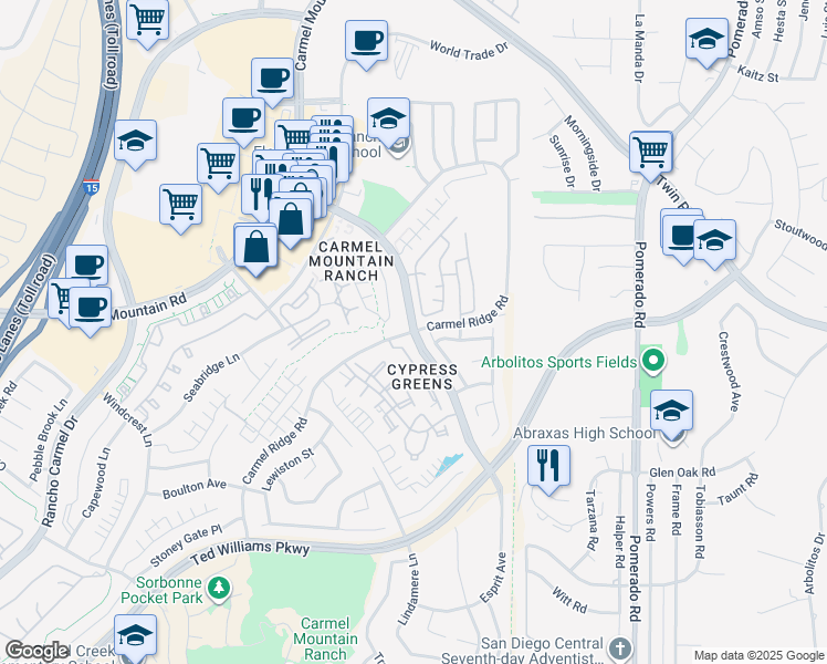 map of restaurants, bars, coffee shops, grocery stores, and more near Highland Ranch Road & Carmel Ridge Road in San Diego
