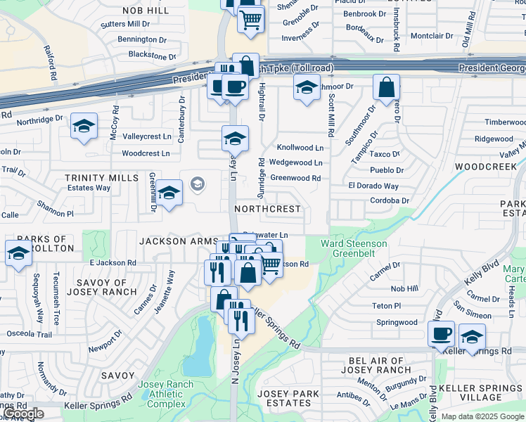map of restaurants, bars, coffee shops, grocery stores, and more near 2302 Sunridge Road in Carrollton