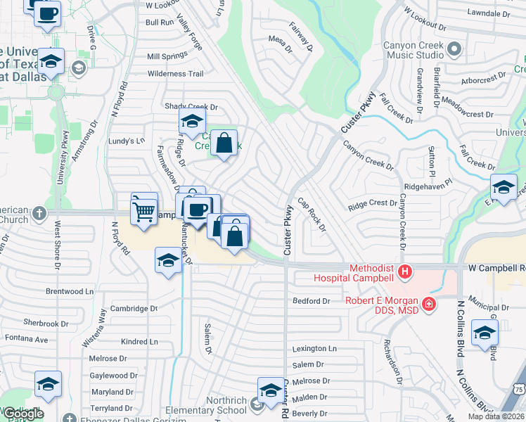 map of restaurants, bars, coffee shops, grocery stores, and more near 506 Arrowhead Drive in Richardson