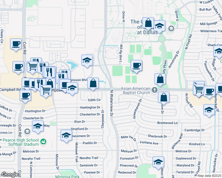 map of restaurants, bars, coffee shops, grocery stores, and more near W Campbell Rd & Waterview Pkwy in Richardson