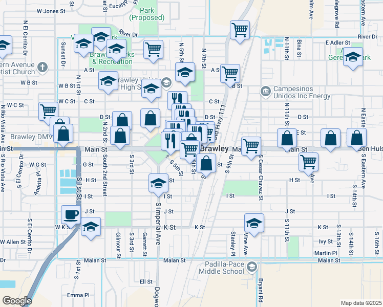 map of restaurants, bars, coffee shops, grocery stores, and more near 621 Main Street in Brawley