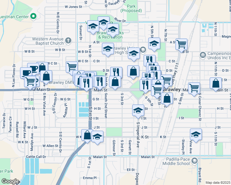 map of restaurants, bars, coffee shops, grocery stores, and more near 283 Main Street in Brawley