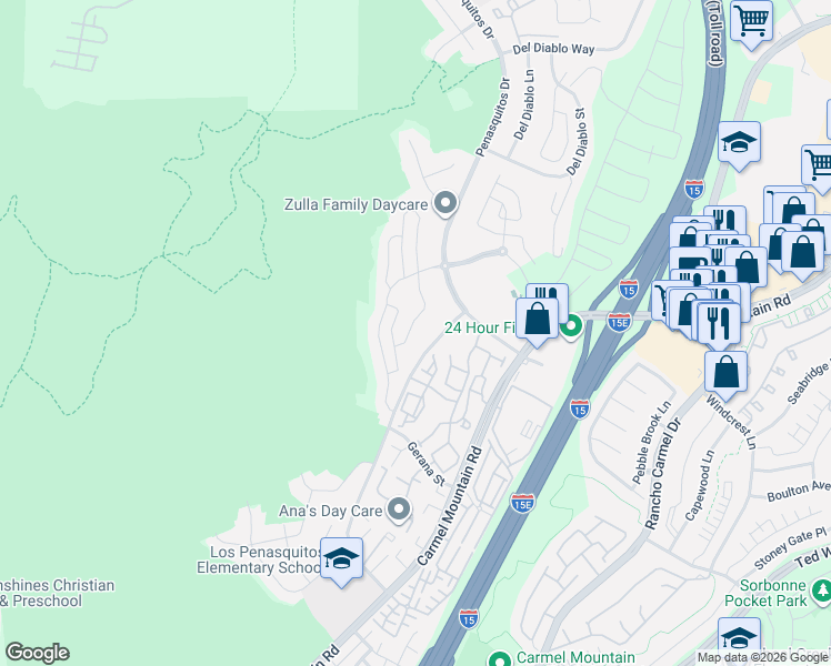 map of restaurants, bars, coffee shops, grocery stores, and more near 14485 Yazoo Street in San Diego