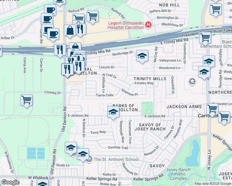 map of restaurants, bars, coffee shops, grocery stores, and more near 1412 Shannon Circle in Carrollton