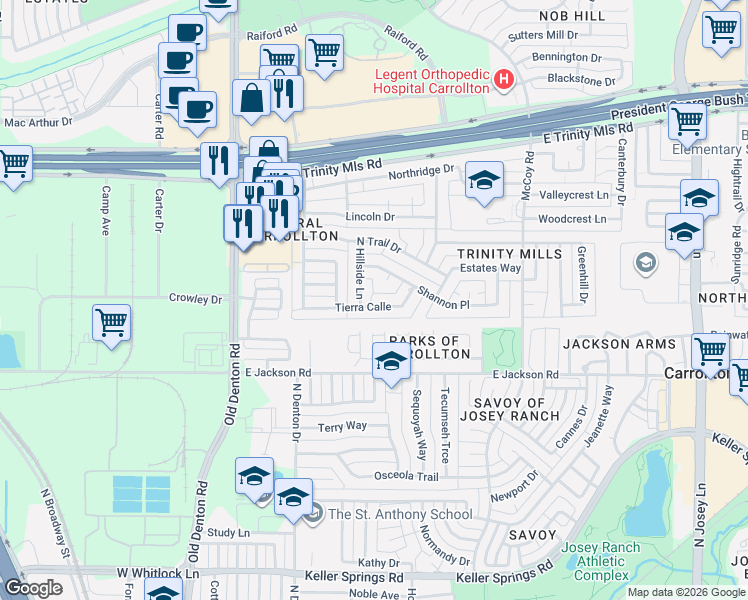 map of restaurants, bars, coffee shops, grocery stores, and more near 2306 Hillside Lane in Carrollton