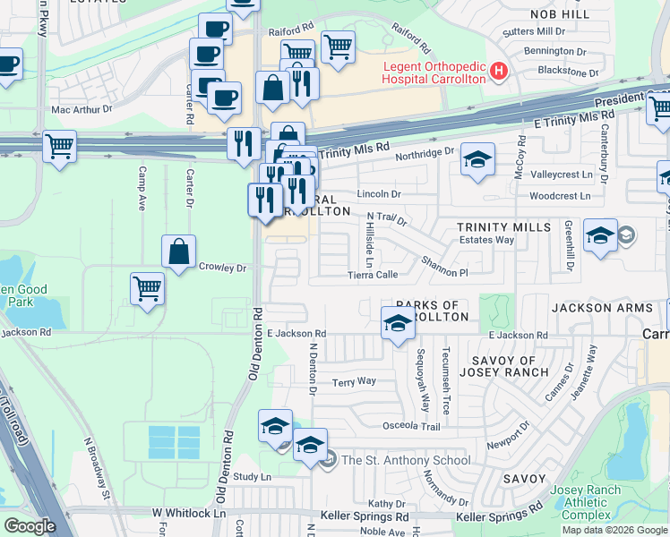 map of restaurants, bars, coffee shops, grocery stores, and more near 1307 Brownwood Drive in Carrollton