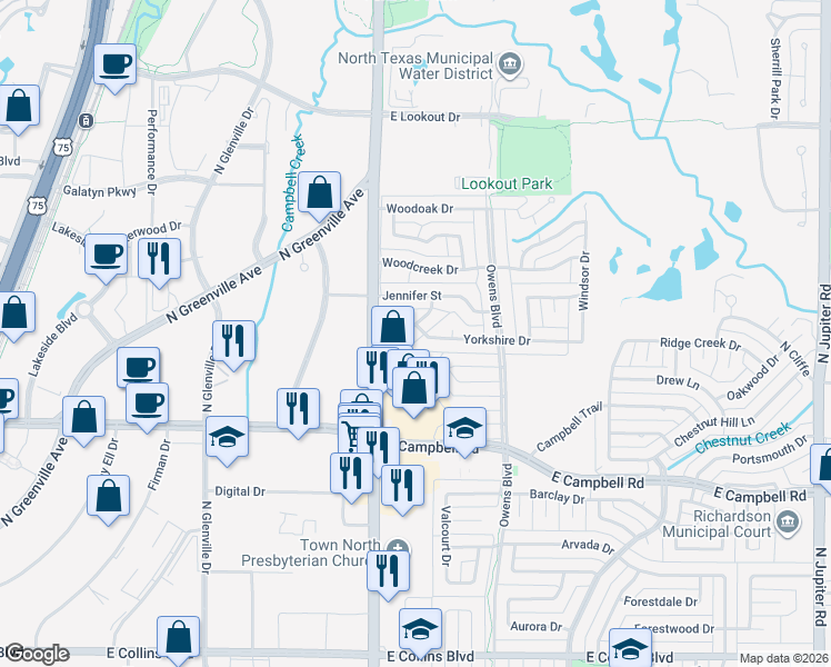map of restaurants, bars, coffee shops, grocery stores, and more near 2220 Shannon Lane in Richardson