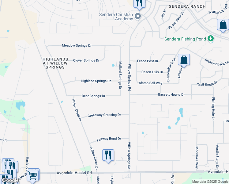 map of restaurants, bars, coffee shops, grocery stores, and more near 1800 Highland Springs Road in Haslet