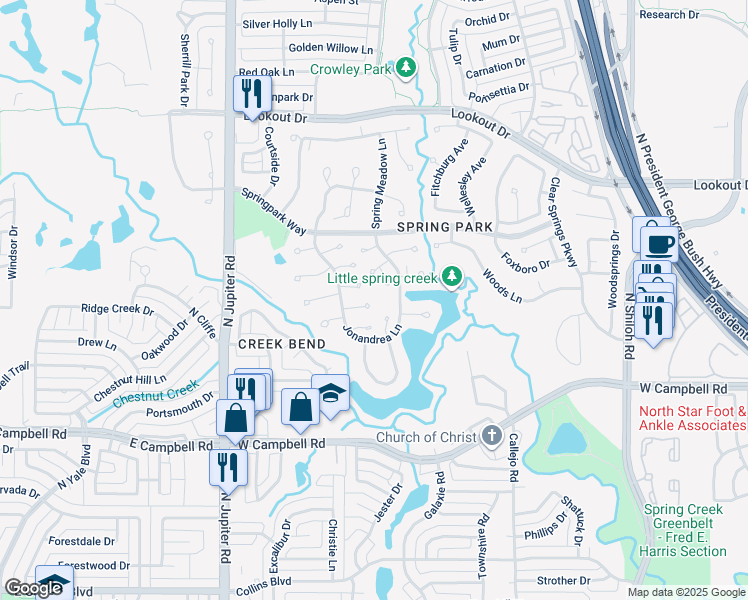 map of restaurants, bars, coffee shops, grocery stores, and more near 3101 Annette Court in Garland