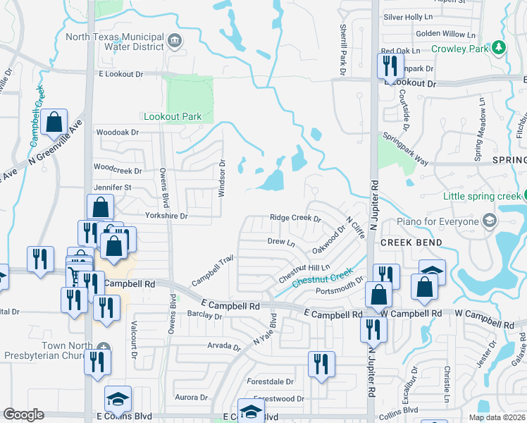 map of restaurants, bars, coffee shops, grocery stores, and more near 1905 Ridge Creek Drive in Richardson