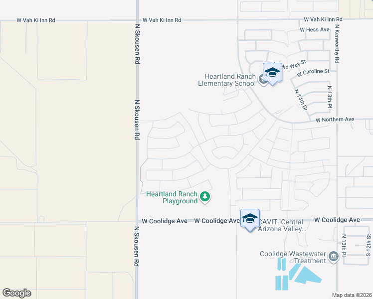map of restaurants, bars, coffee shops, grocery stores, and more near 337 North 21st Circle in Coolidge