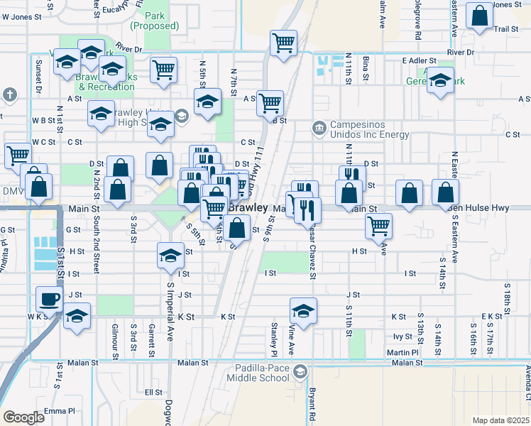 map of restaurants, bars, coffee shops, grocery stores, and more near 860 Main Street in Brawley