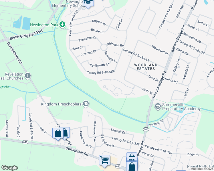 map of restaurants, bars, coffee shops, grocery stores, and more near 135 Moon Shadow Lane in Summerville