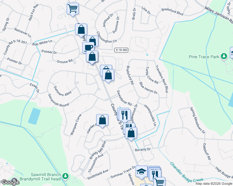 map of restaurants, bars, coffee shops, grocery stores, and more near 205 Sweetbriar Road in Summerville
