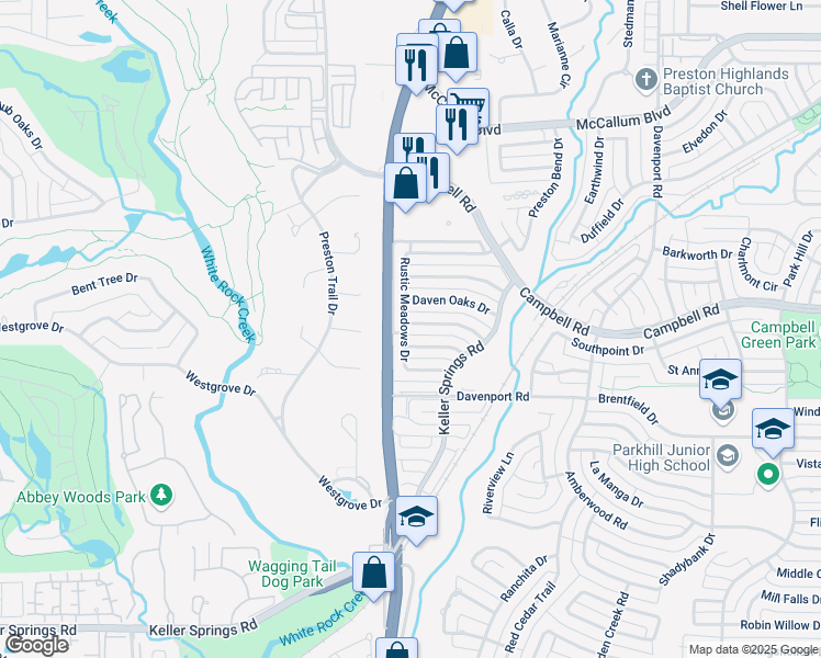map of restaurants, bars, coffee shops, grocery stores, and more near 16711 Rustic Meadows Drive in Dallas