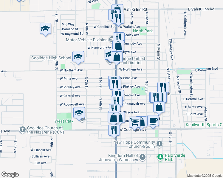 map of restaurants, bars, coffee shops, grocery stores, and more near 530 West Pinkley Avenue in Coolidge