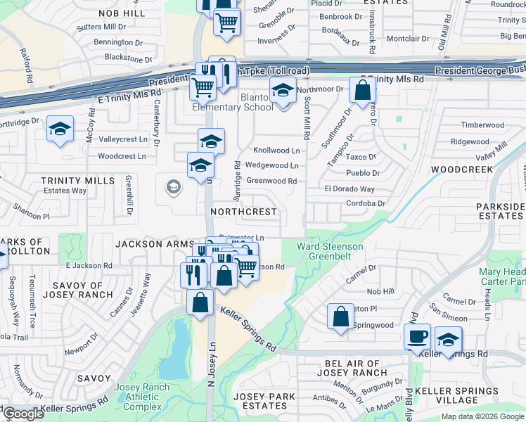 map of restaurants, bars, coffee shops, grocery stores, and more near 2032 Clubview Drive in Carrollton