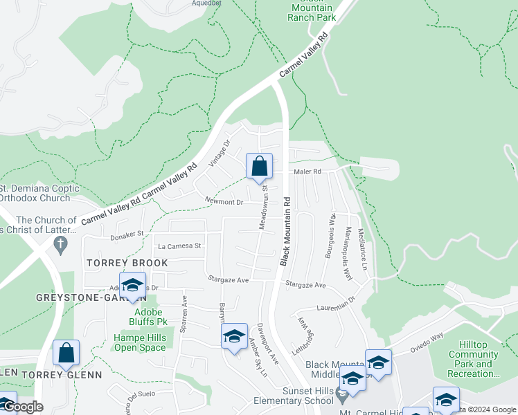map of restaurants, bars, coffee shops, grocery stores, and more near 9135 Newmont Drive in San Diego