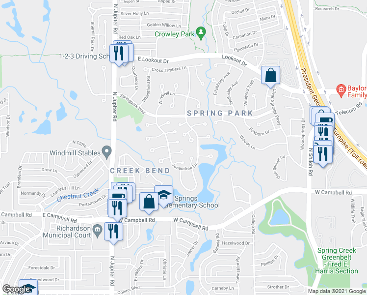 map of restaurants, bars, coffee shops, grocery stores, and more near 3103 Annette Court in Garland