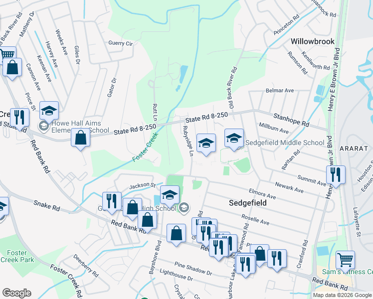 map of restaurants, bars, coffee shops, grocery stores, and more near 420 Rubyridge Lane in Goose Creek