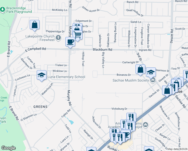 map of restaurants, bars, coffee shops, grocery stores, and more near 1507 Bonanza Court in Sachse
