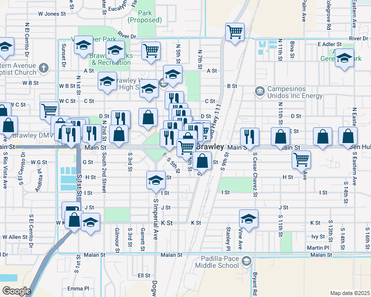 map of restaurants, bars, coffee shops, grocery stores, and more near 2161 West Main Street in El Centro