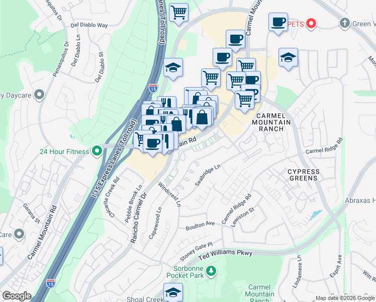map of restaurants, bars, coffee shops, grocery stores, and more near 11745 Stoney Peak Drive in San Diego