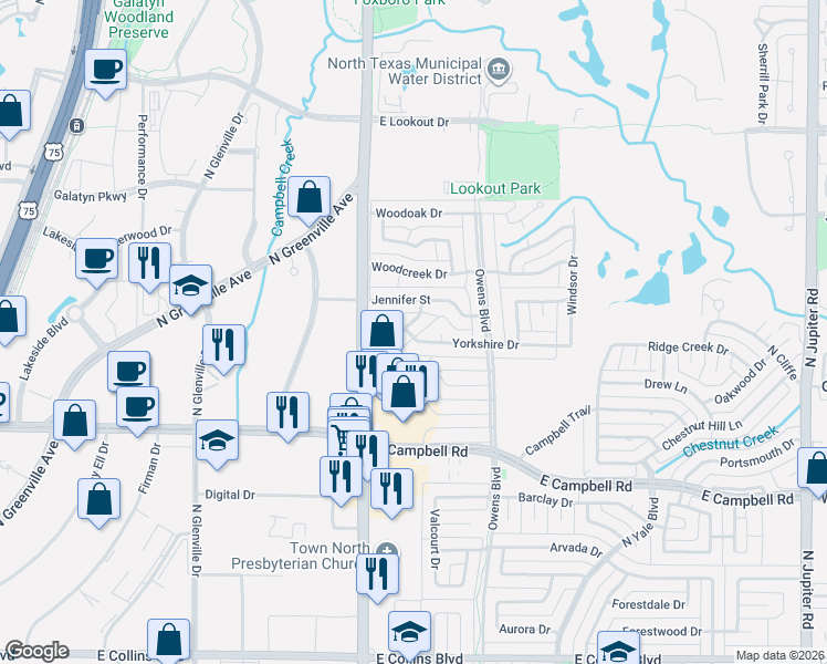 map of restaurants, bars, coffee shops, grocery stores, and more near 2220 Shannon Lane in Richardson