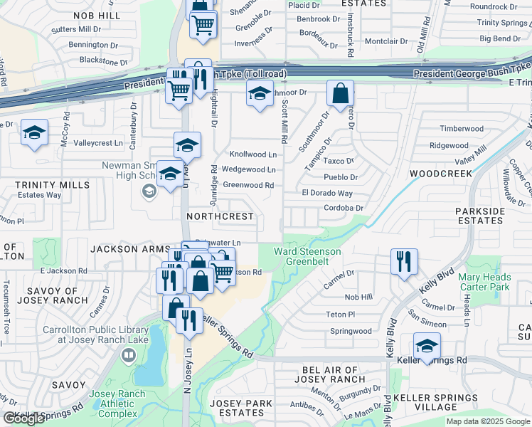 map of restaurants, bars, coffee shops, grocery stores, and more near 2304 Greenwood Circle in Carrollton