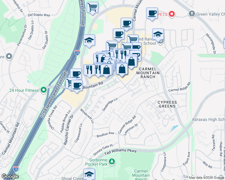 map of restaurants, bars, coffee shops, grocery stores, and more near 11771 Stoney Peak Drive in San Diego