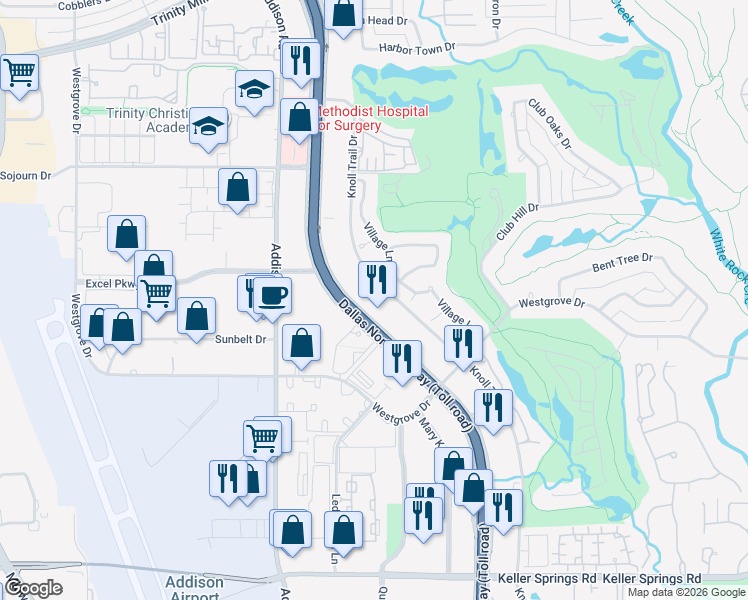 map of restaurants, bars, coffee shops, grocery stores, and more near 16978 Dallas Parkway in Dallas