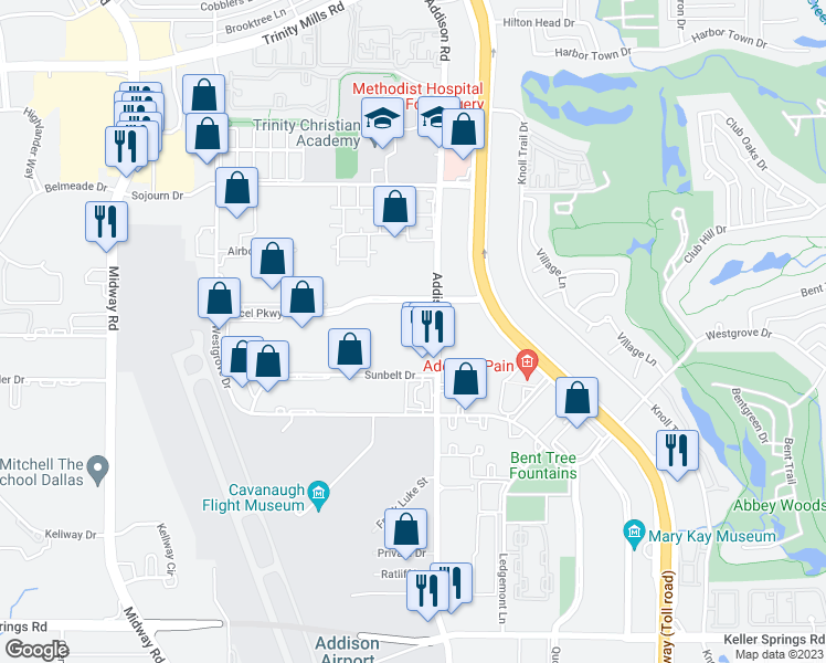 map of restaurants, bars, coffee shops, grocery stores, and more near 16675 Addison Road in Addison